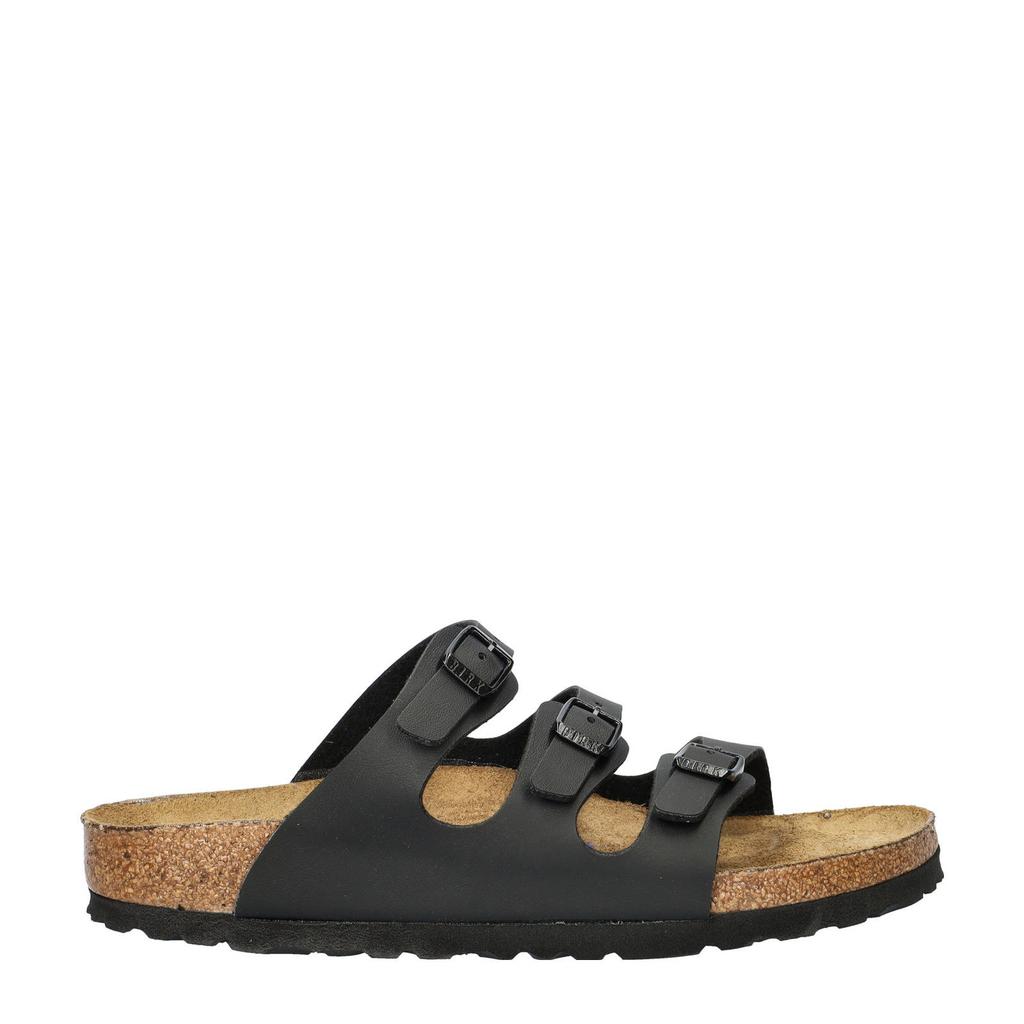 Zwarte dames Birkenstock slippers van imitatieleer met gesp