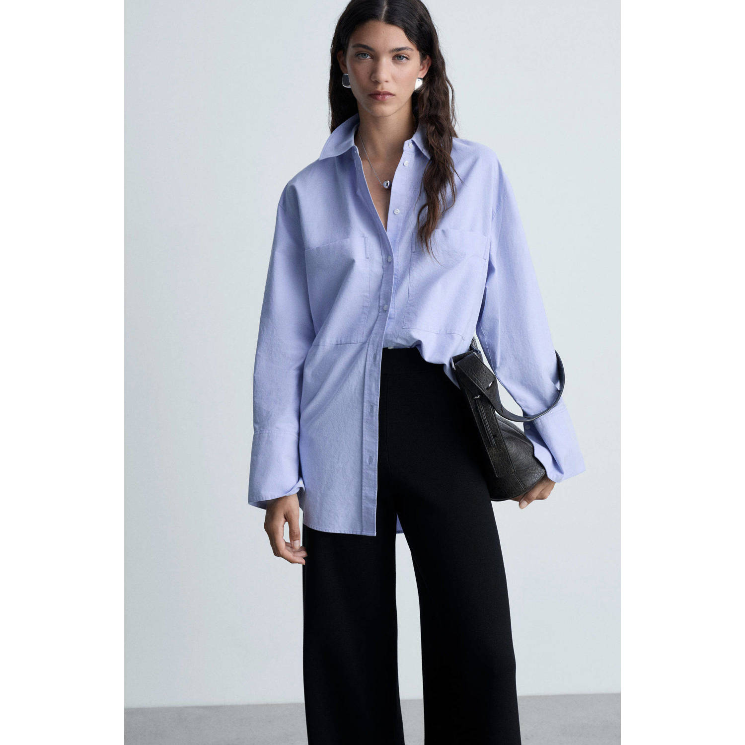 Mango wide leg broek met contrastbies zwart