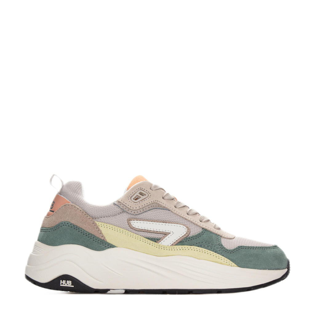 Beige en groene dames HUB Glide chunky suède sneakers met veters