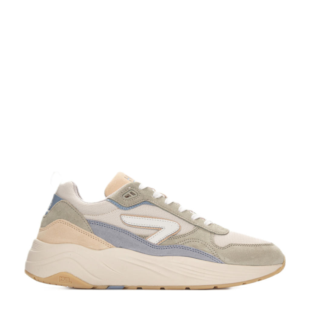 Lichtgroen en beige heren HUB Glide chunky suède sneakers met veters
