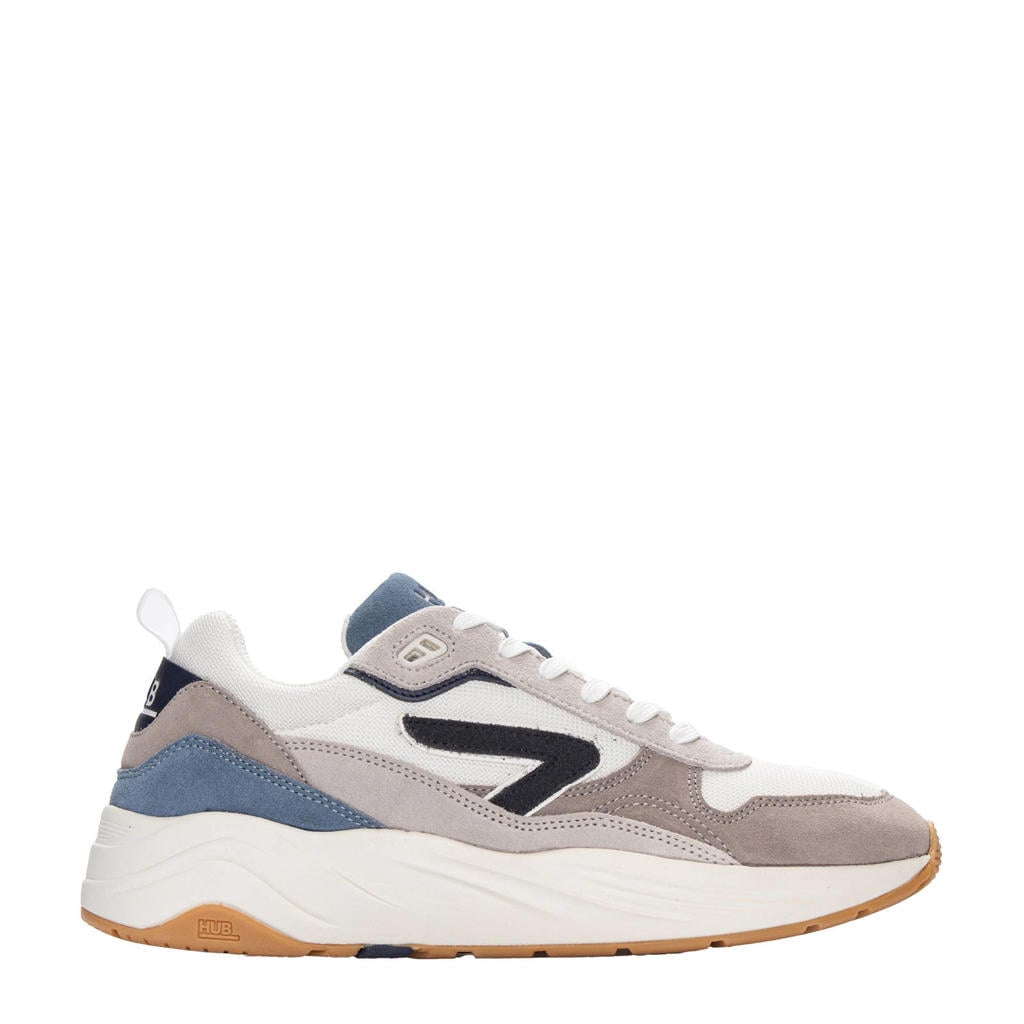 Wit, beige en lichtblauwe heren HUB Glide suède sneakers met chunky hak en veters