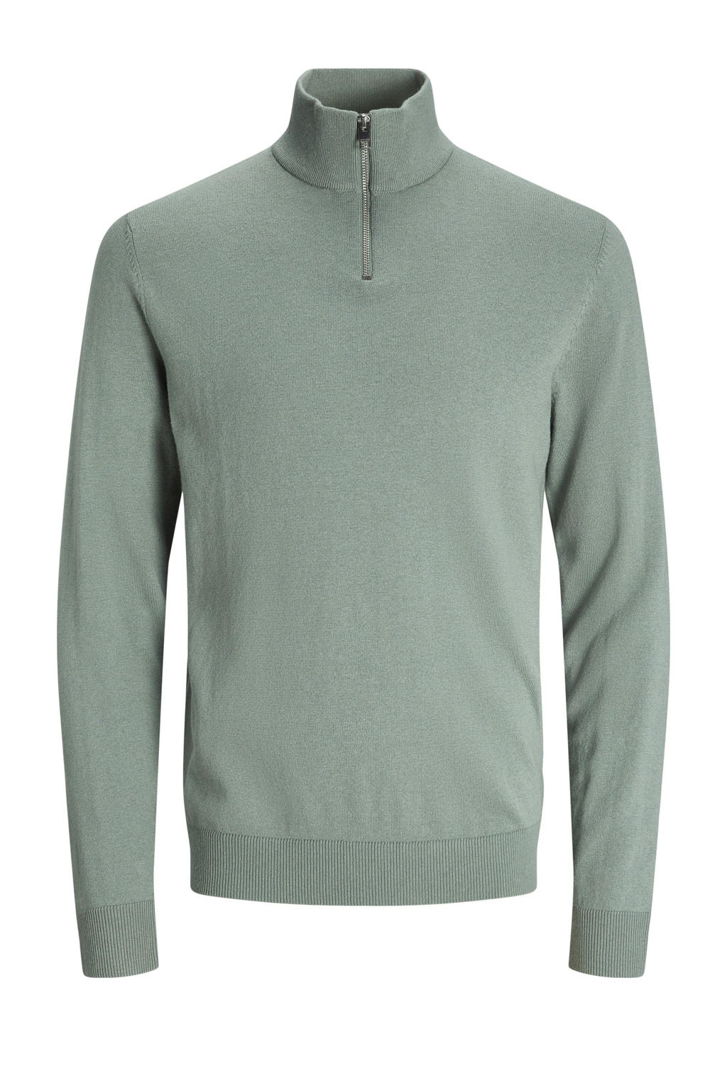 Lichtgroene heren JACK & JONES ESSENTIALS gebreide trui Lichtgroen van katoen met effen, lange mouwen, opstaande kraag en halve rits