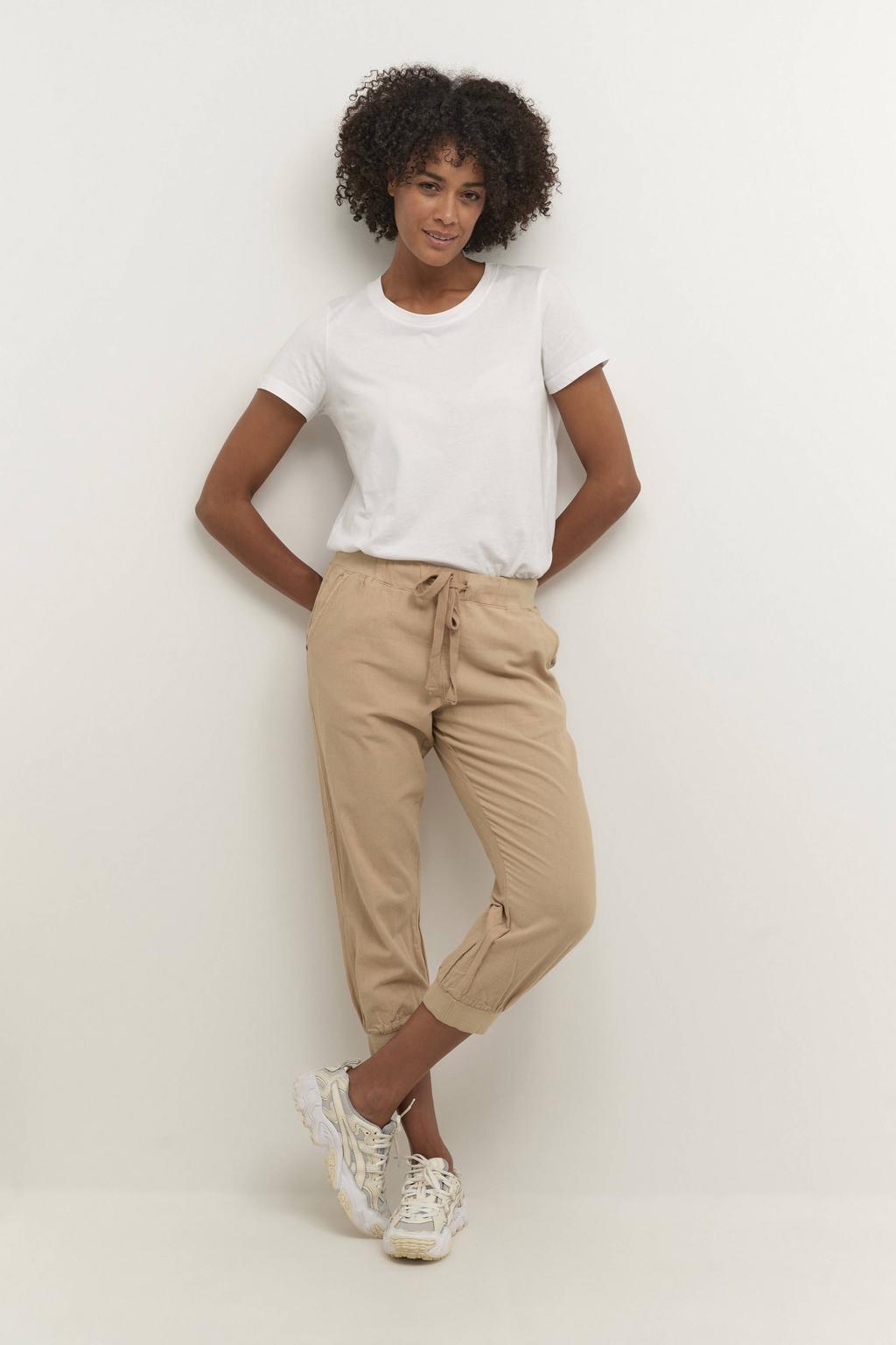 Zandkleurige dames Kaffe slim regular waist broek van katoen met elastische tailleband met koord en effen