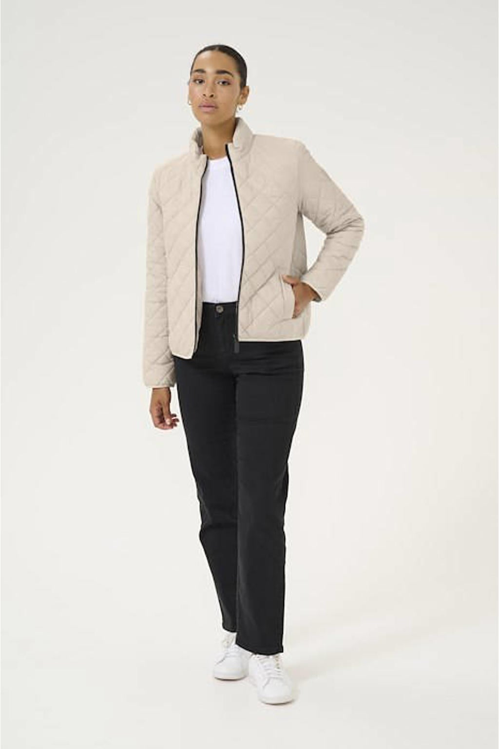 Beige dames Kaffe gewatteerde jas van polyester met effen, lange mouwen, opstaande kraag en ritssluiting