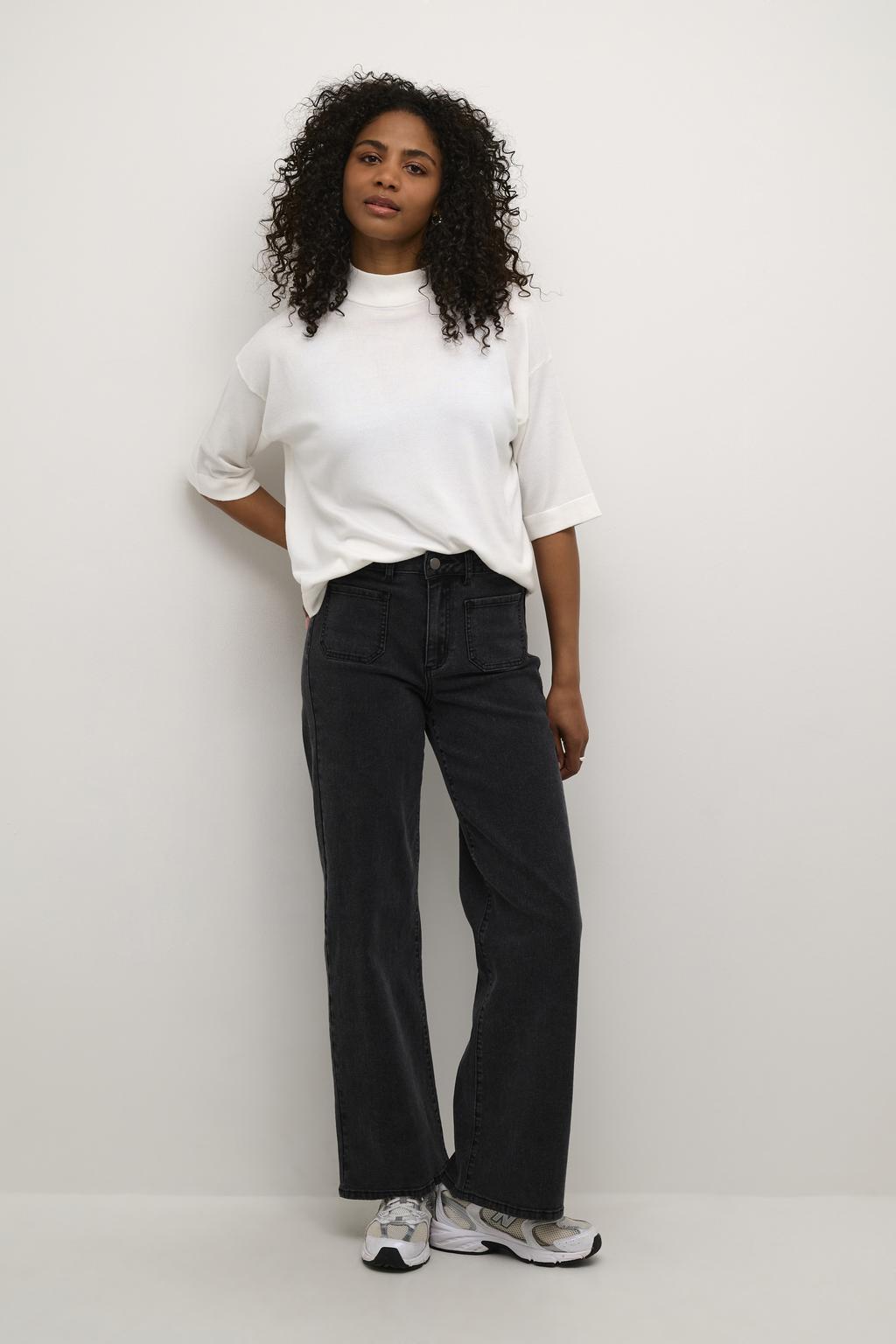 Witte dames Kaffe top van viscose met effen en half lange mouwen