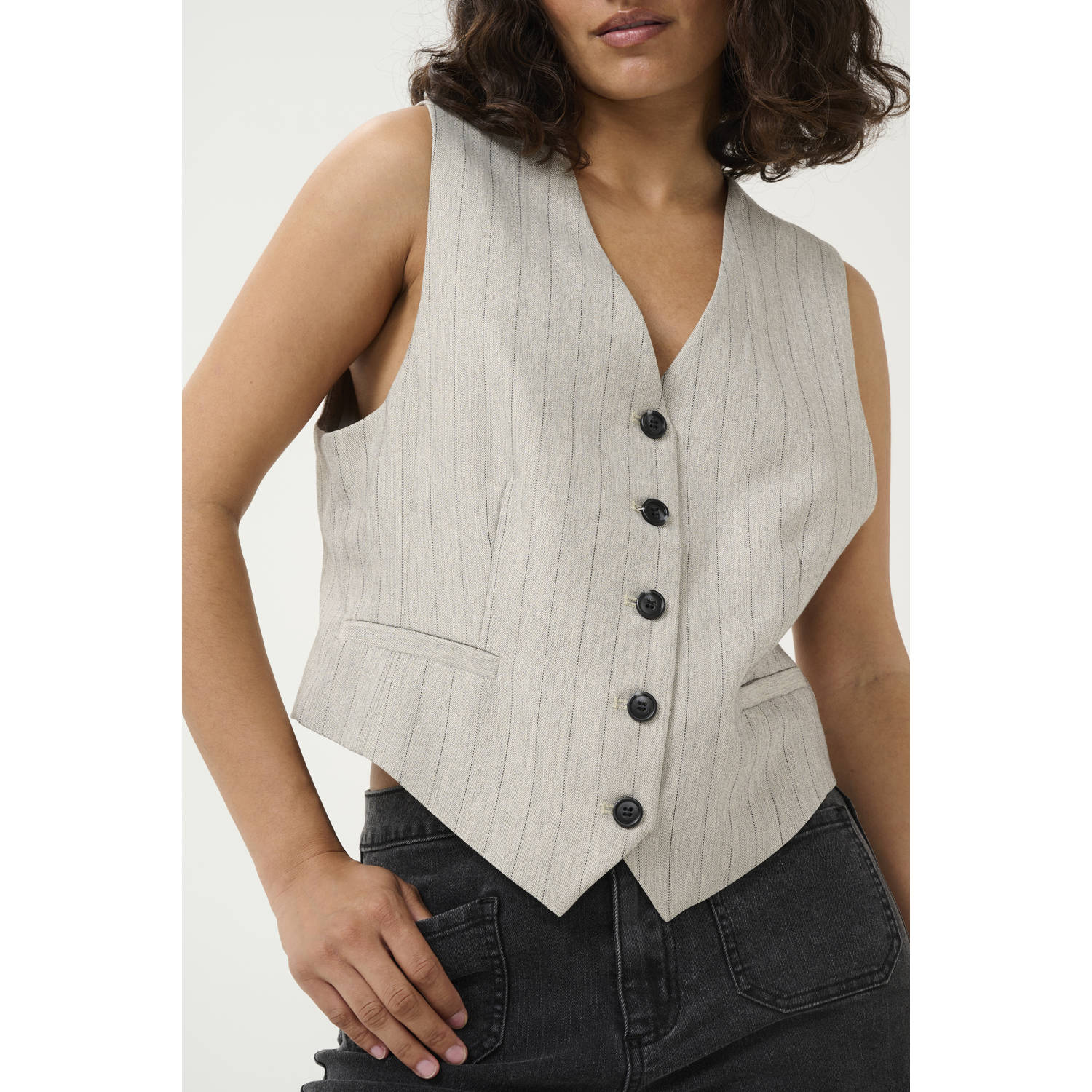 Kaffe Grijze Pinstripe Vest Kakaysa Stijl Beige Dames