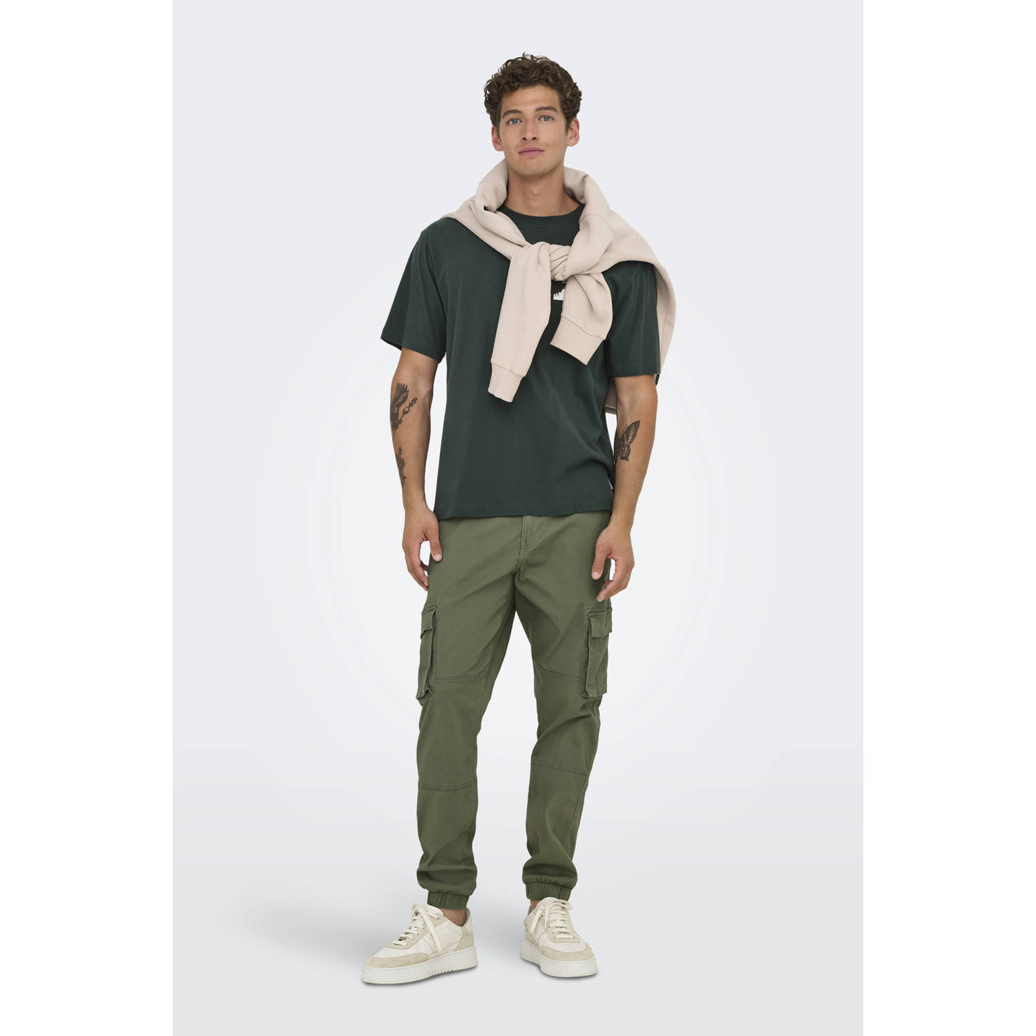 ONLY & SONS tapered fit cargo broek ONSCAM donkergroen