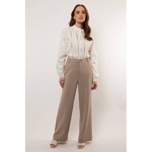 G-maxx X Froukje wide leg high waist broek beige afbeelding