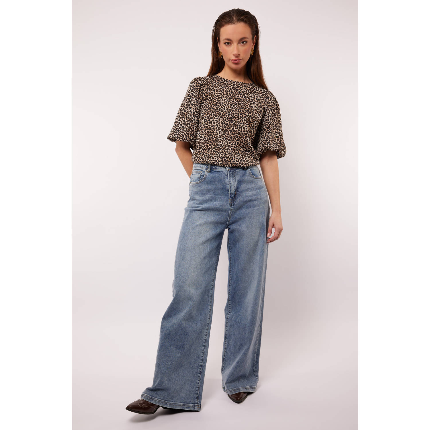 FLURESK wide leg regular waist broek medium blue denim