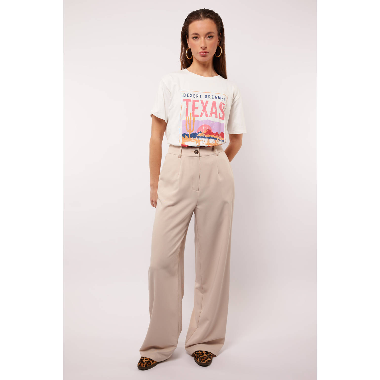 FLURESK wide leg regular waist broek zand