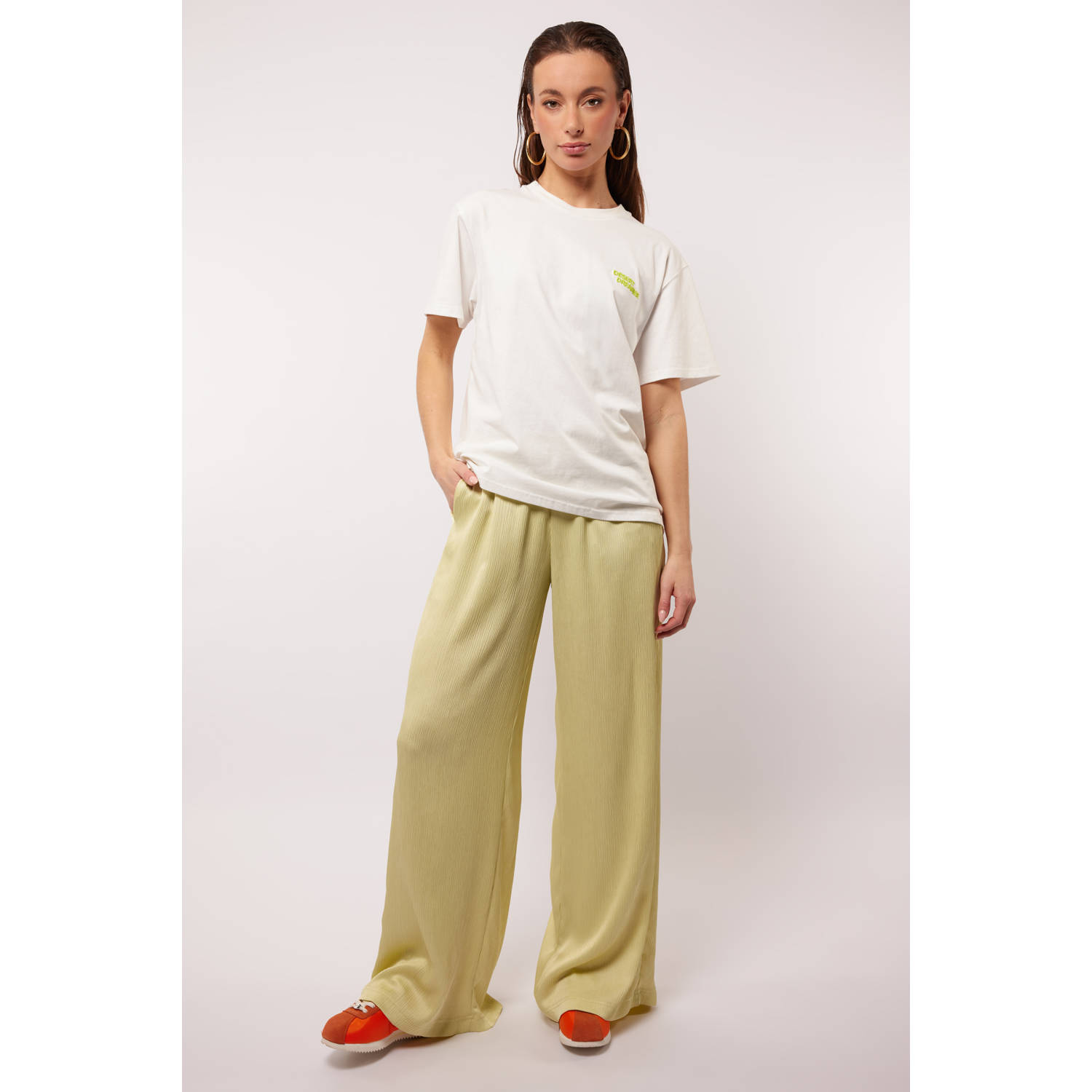 FLURESK wide leg regular waist broek limegroen