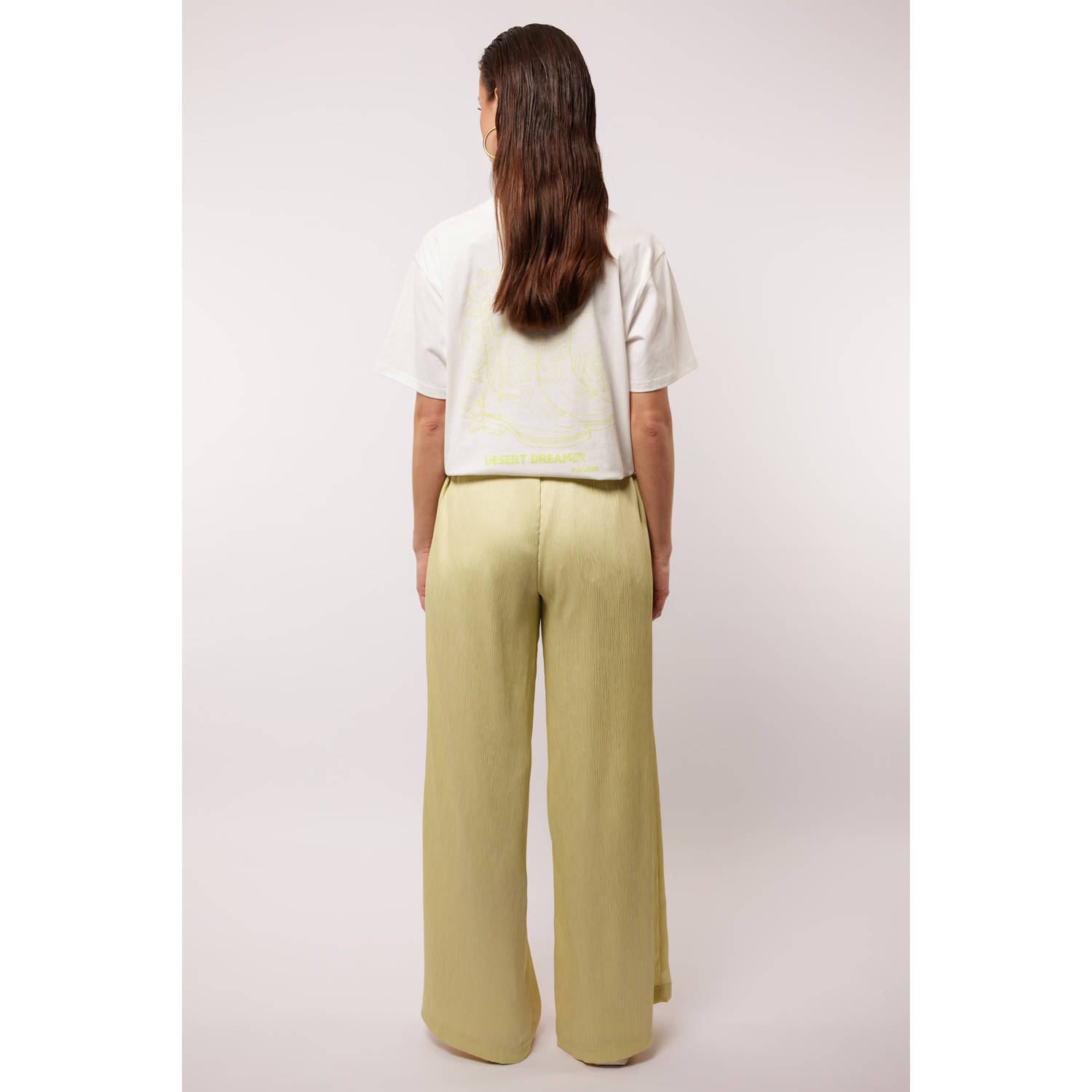 FLURESK wide leg regular waist broek limegroen