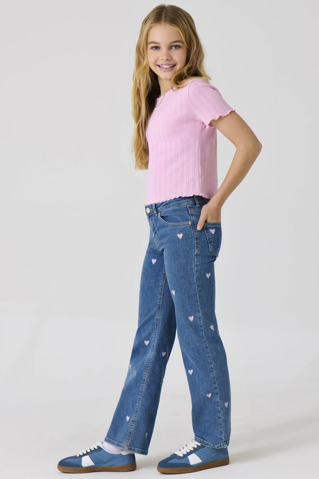 Medium blue denim meisjes KIDS ONLY GIRL wide leg jeans pink hearts van stretchkatoen met rits- en knoopsluiting