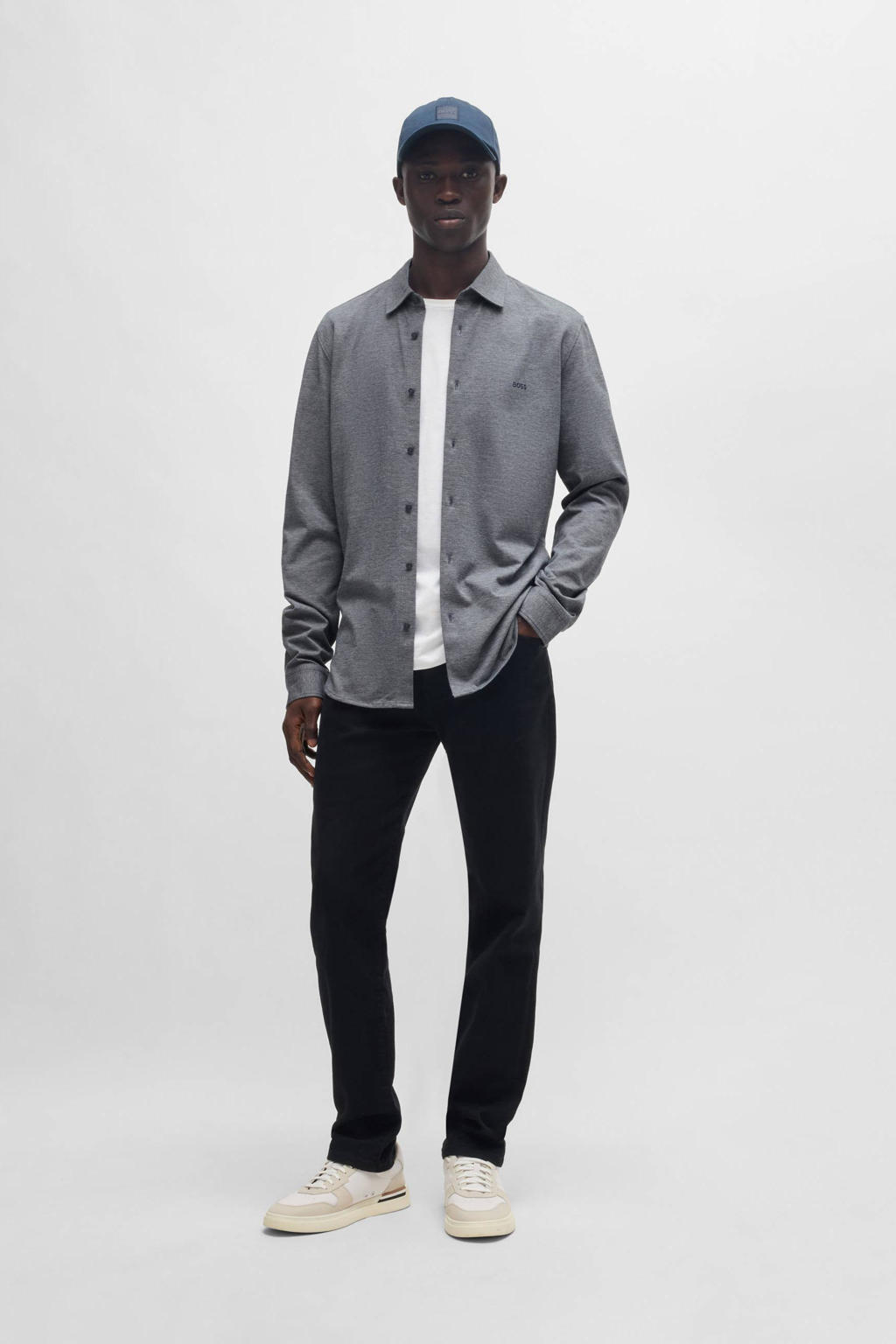 Donkerblauwe heren BOSS casual overhemd van katoen met melée print, lange mouwen, klassieke kraag en knoopsluiting