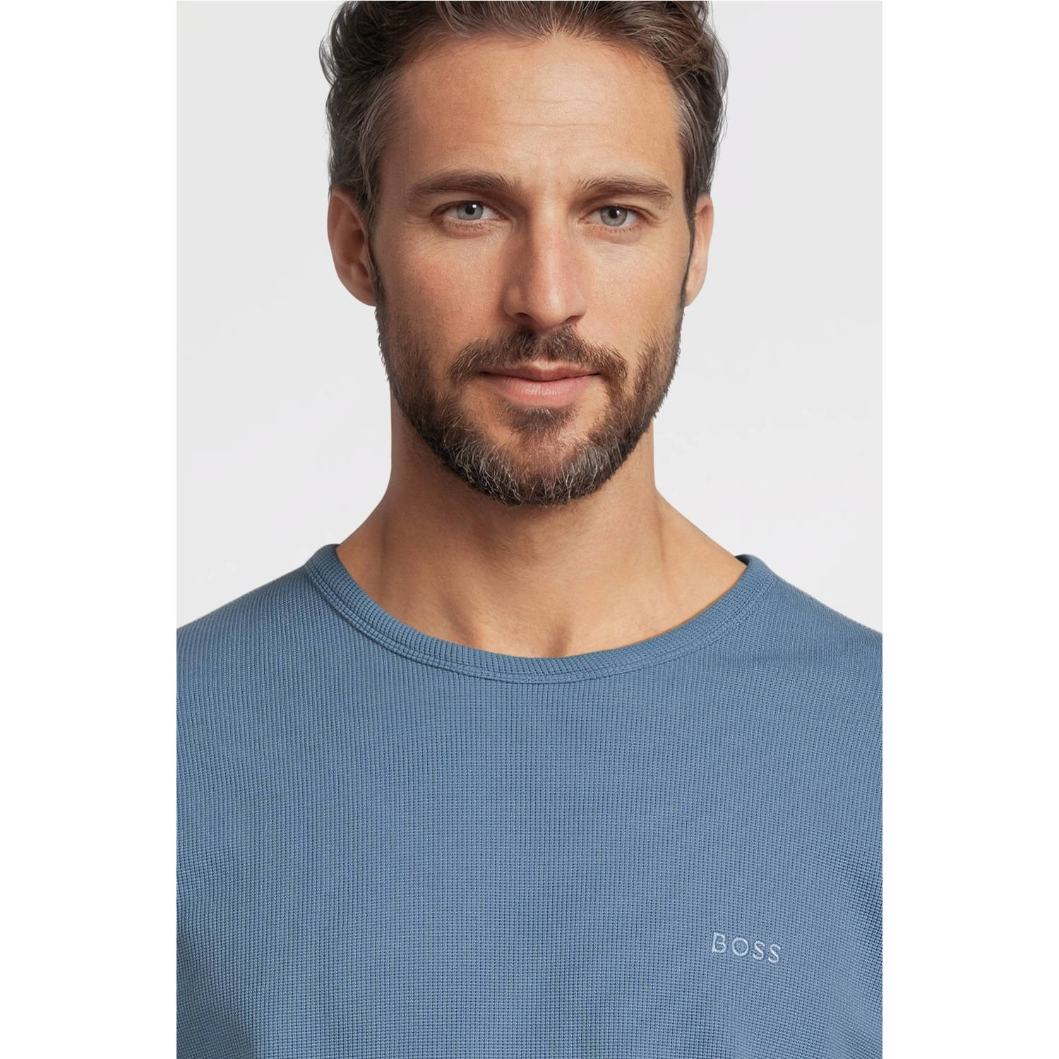 BOSS regular fit longsleeve Tempesto met textuur blauw