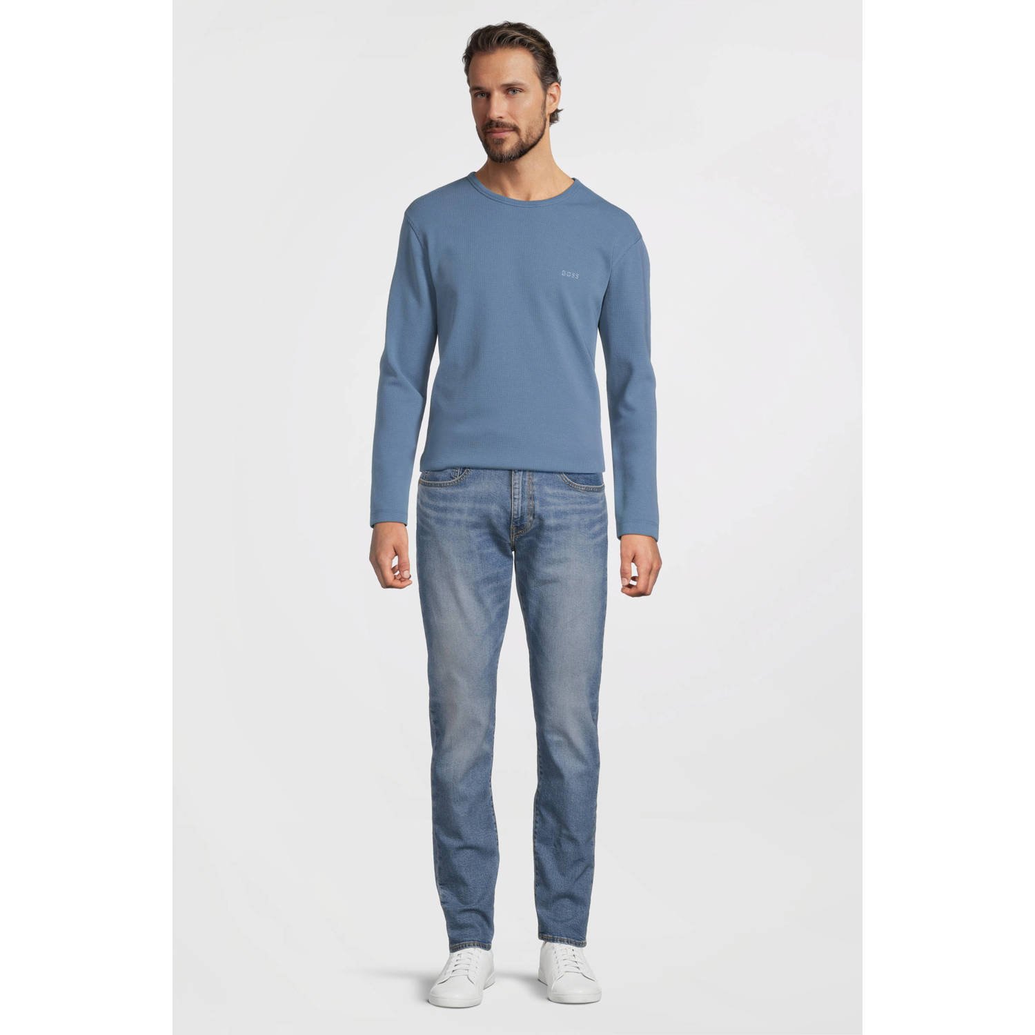 BOSS regular fit longsleeve Tempesto met textuur blauw