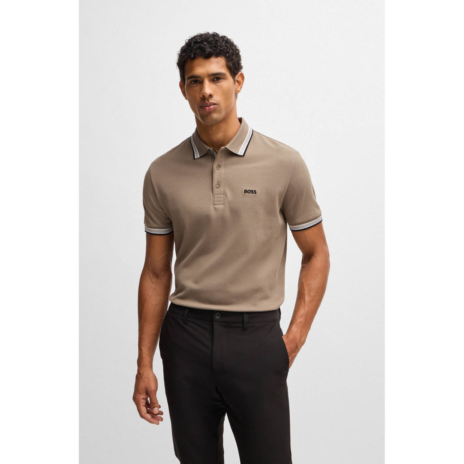 BOSS regular fit polo Paddy met contrastbies lightbrown