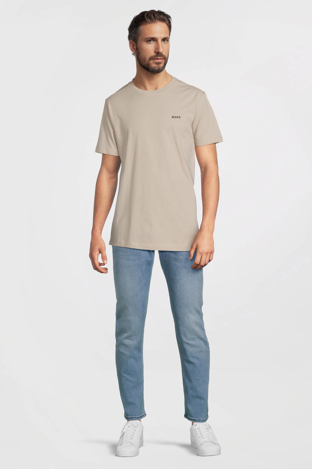Beige heren BOSS regular fit T-shirt open met effen, korte mouwen en ronde hals