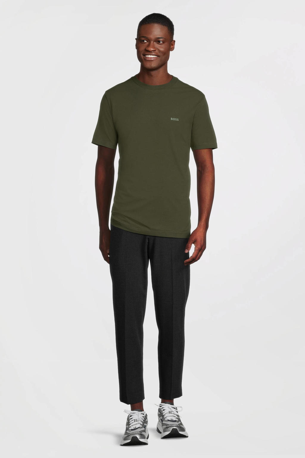 Groene heren BOSS regular fit T-shirt van katoen met effen, korte mouwen en ronde hals