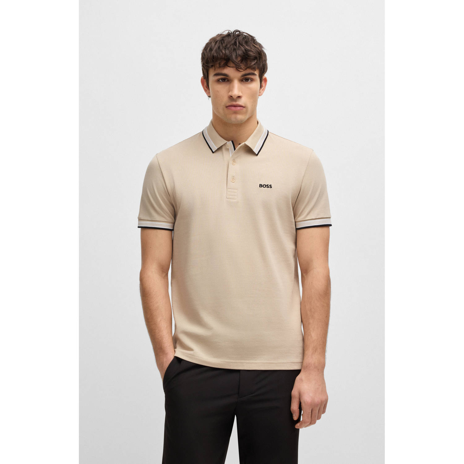 BOSS regular fit polo Paddy met contrastbies open beige