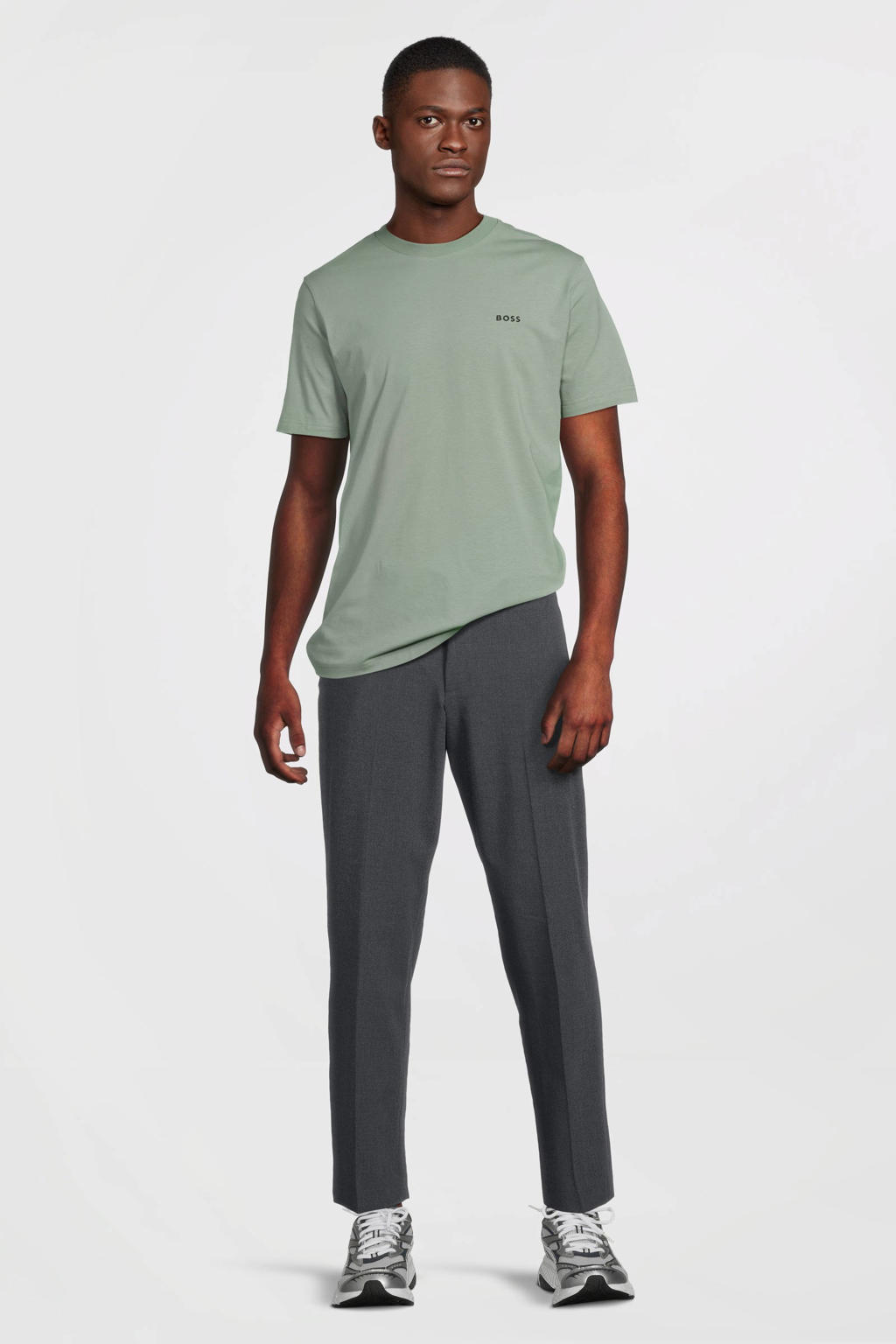 Mintgroene heren BOSS regular fit T-shirt van katoen met effen, korte mouwen en ronde hals