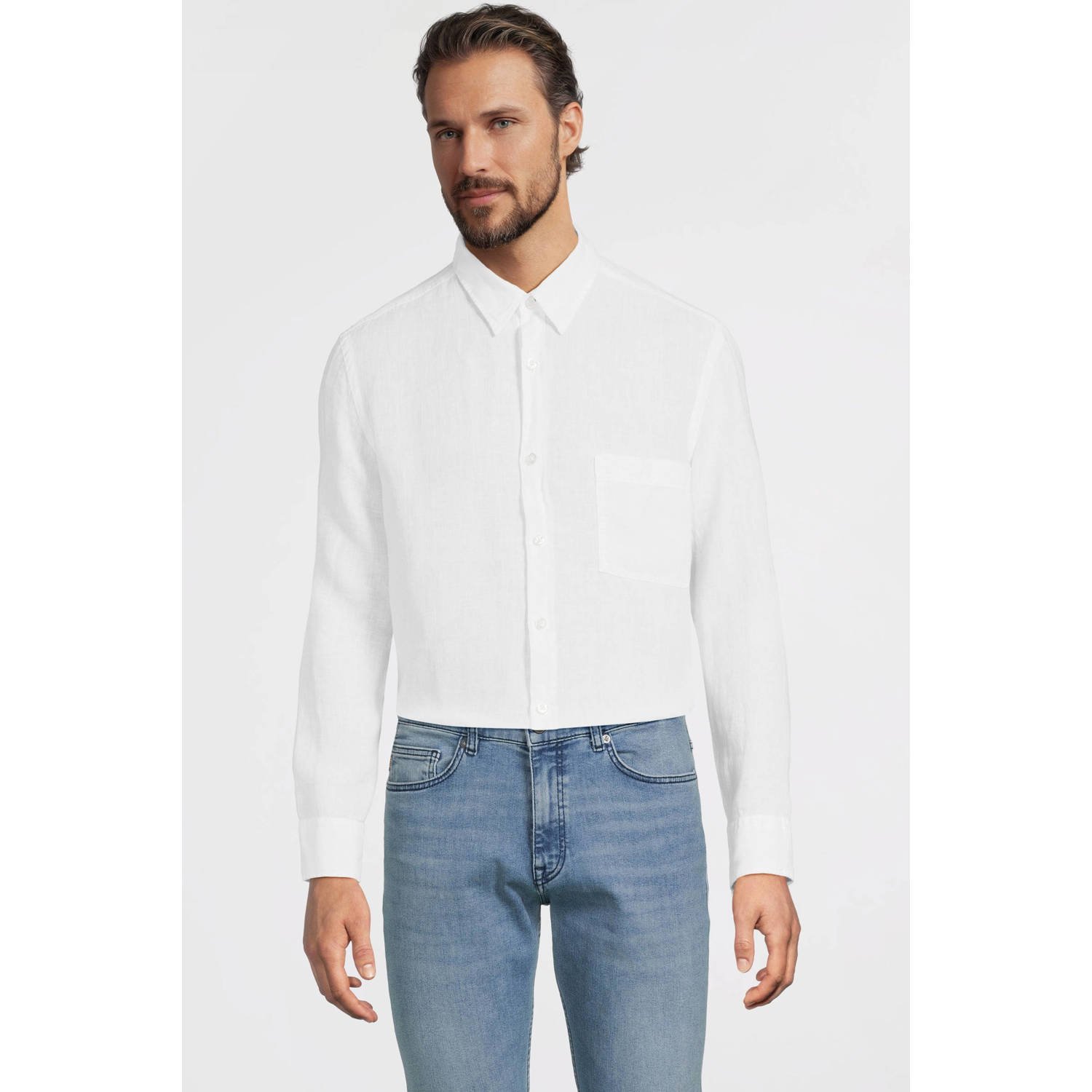 Boss Orange Regular fit linnen overhemd met borstzak model 'Relegant'
