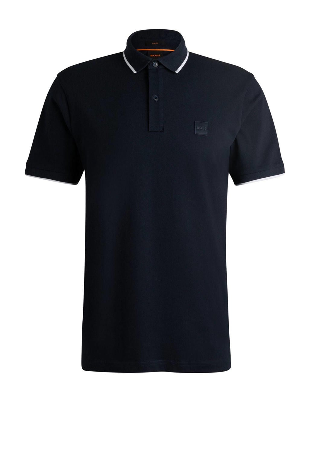 Donkerblauwe heren BOSS slim polo van katoen met logo dessin, korte mouwen, klassieke kraag en contrast bies