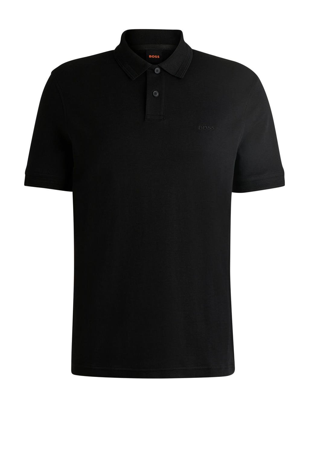 Zwarte heren BOSS regular polo van katoen met effen, korte mouwen, klassieke kraag en knoopsluiting