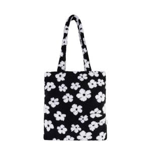 teddy shopper met bloemenprint zwart/wit