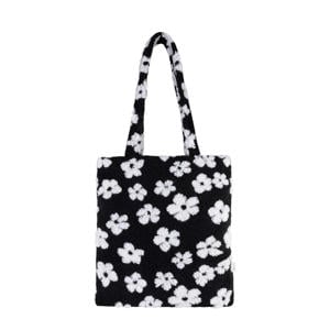 teddy shopper met bloemenprint zwart/wit