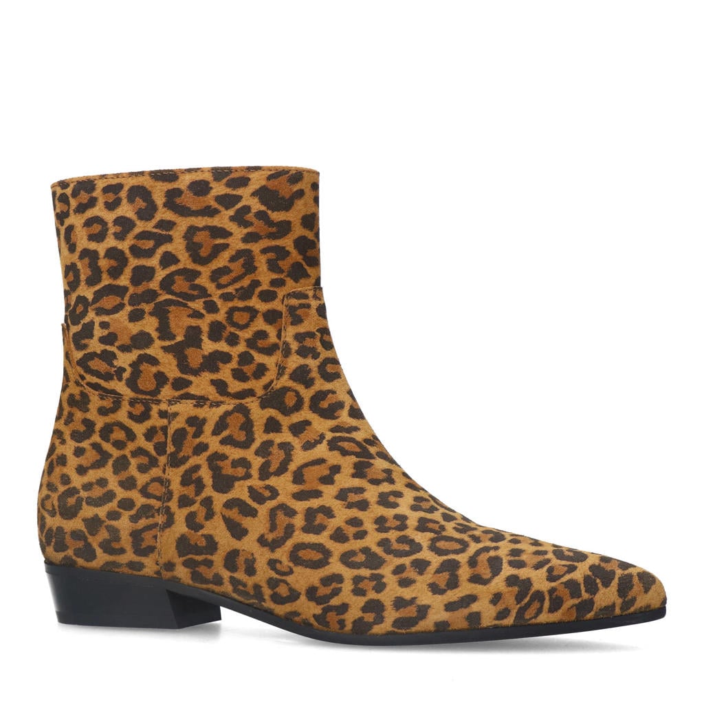 Camel en zwarte dames Manfield suède enkellaarzen met ritssluiting en panterprint