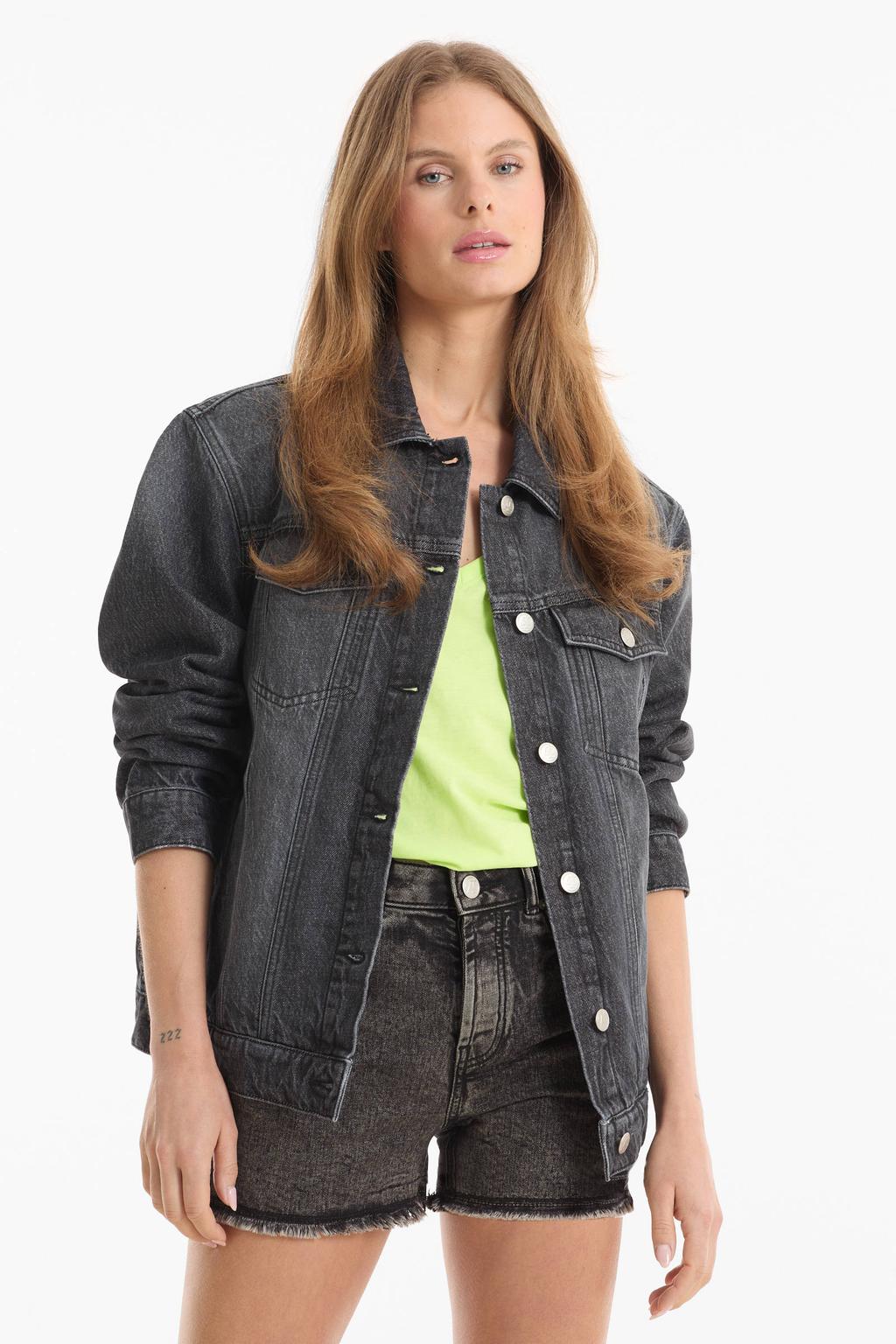Black denim dames Anytime relaxed jacket van denim met effen, lange mouwen, klassieke kraag en knoopsluiting