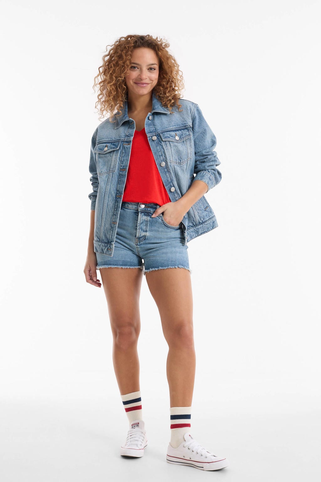 Medium blue denim dames Anytime relaxed jacket van denim met effen, lange mouwen, klassieke kraag en knoopsluiting