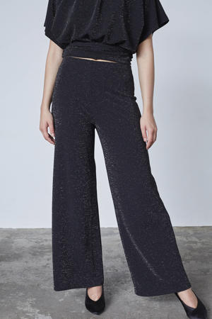 wide leg regular waist broek zwart met lurex