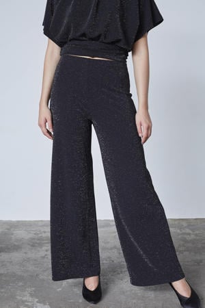 wide leg regular waist broek zwart met lurex