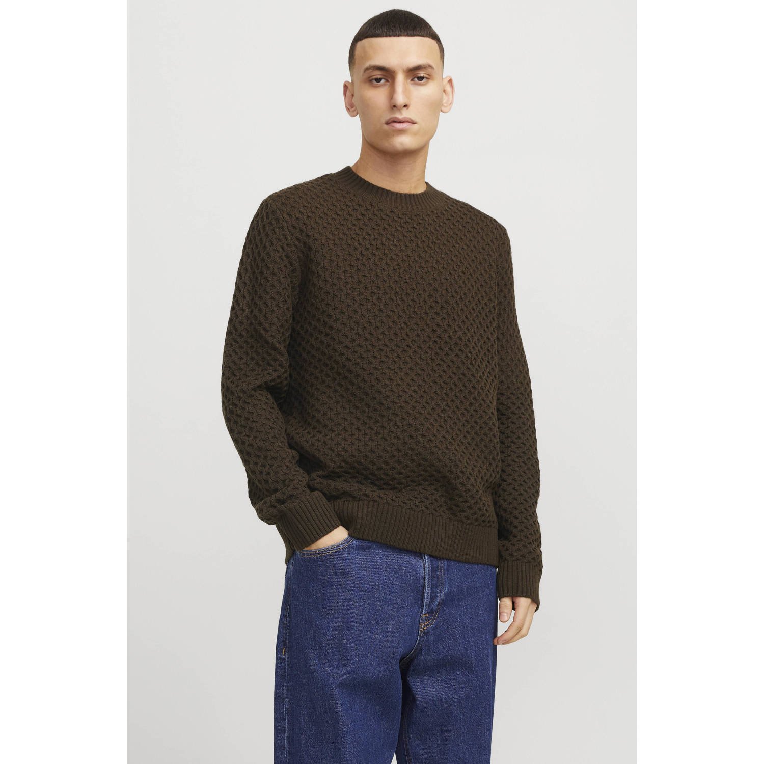 JACK & JONES trui bruin fijn gebreid