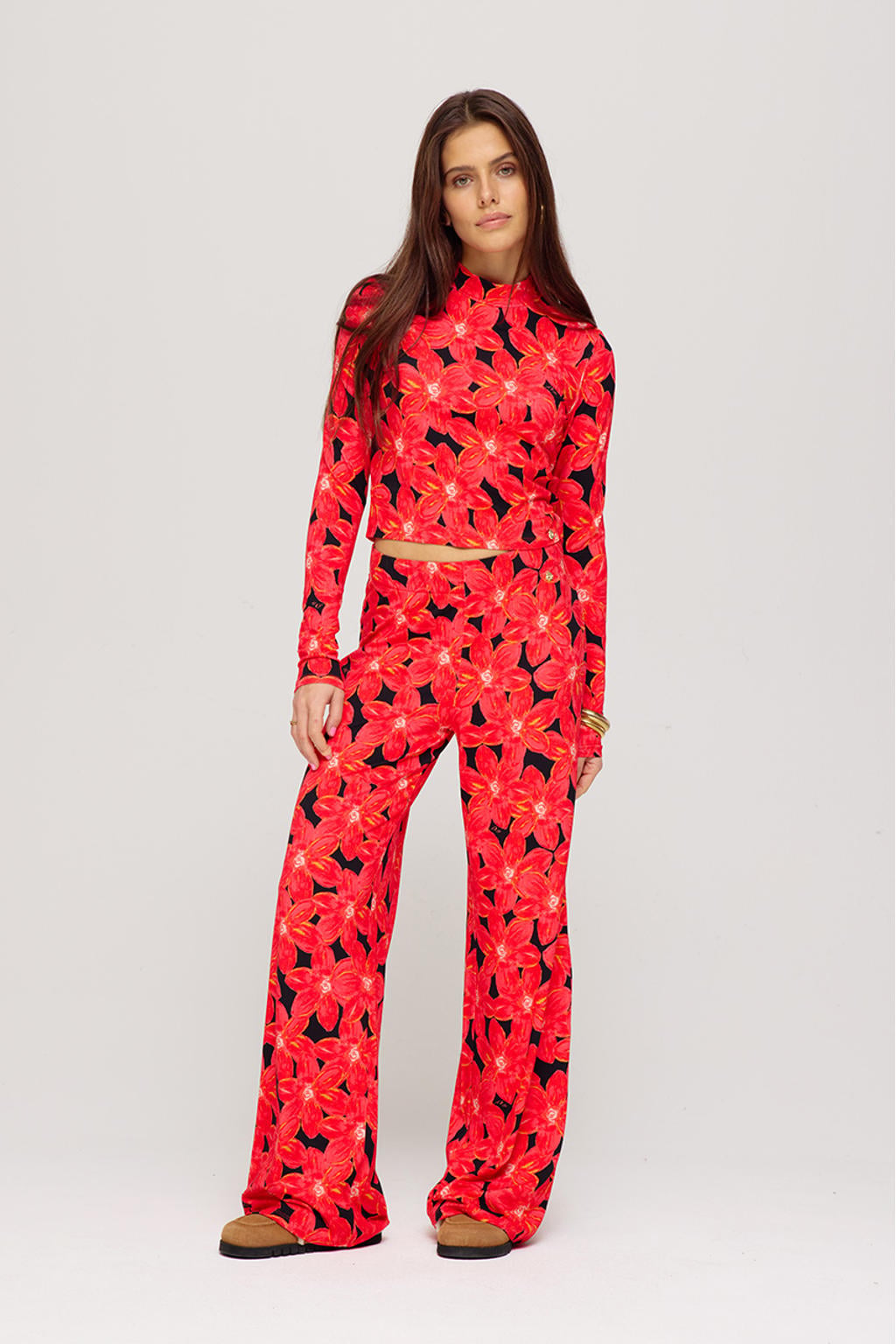 Rood en zwarte dames HARPER & YVE wide leg high waist broek van viscose