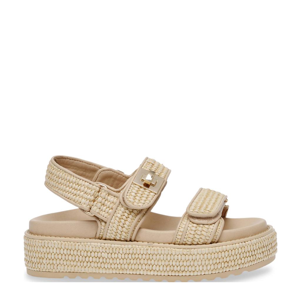 Beige dames Steve Madden Bigmona sandalen van raffia met plateauzool, klittenband en effen