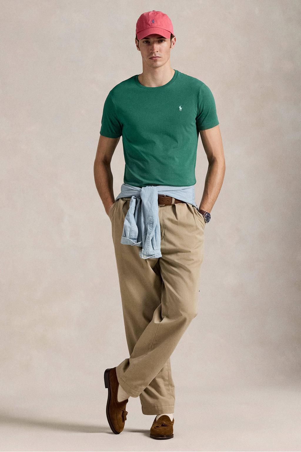 Groene heren POLO Ralph Lauren T-shirt van katoen met effen, korte mouwen en ronde hals