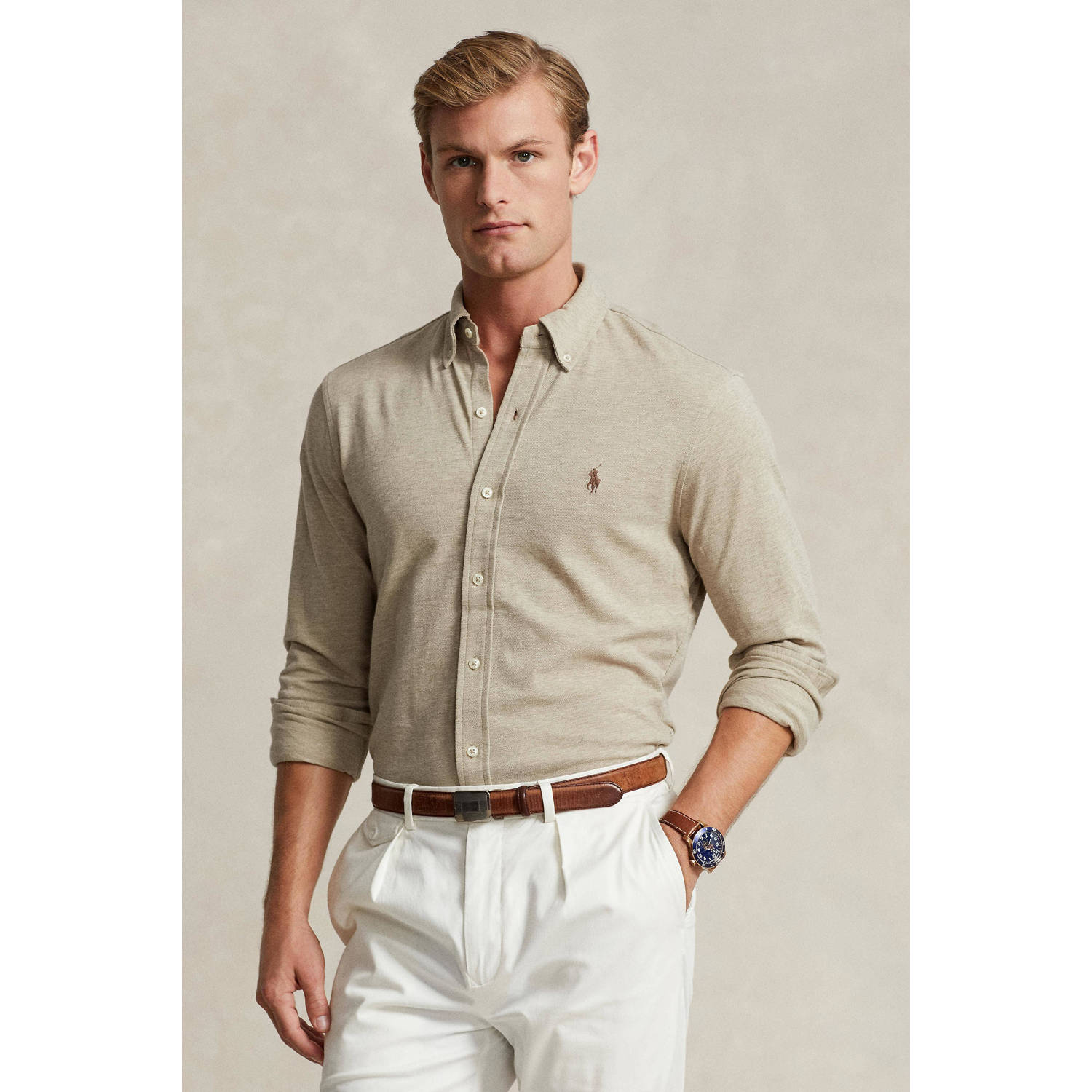 POLO Ralph Lauren gemêleerd regular fit overhemd tuscan beige heather