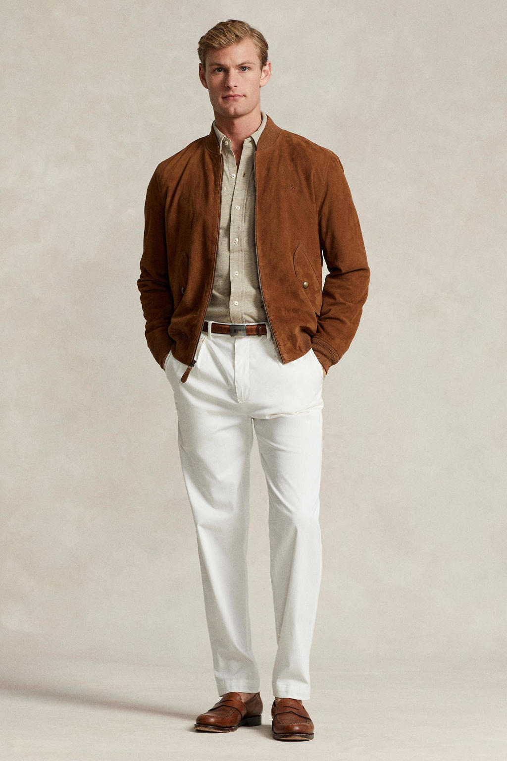Beige heren POLO Ralph Lauren casual overhemd van katoen met effen, lange mouwen, button down sluiting en knoopsluiting