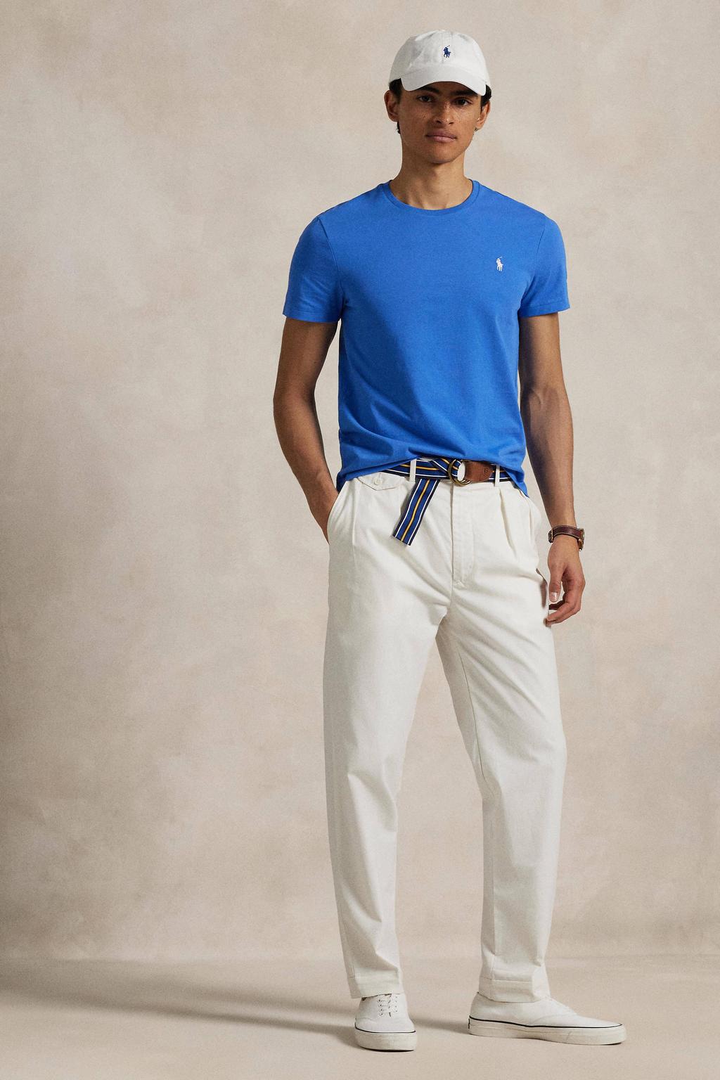 Blauwe heren POLO Ralph Lauren T-shirt van katoen met effen, korte mouwen en ronde hals