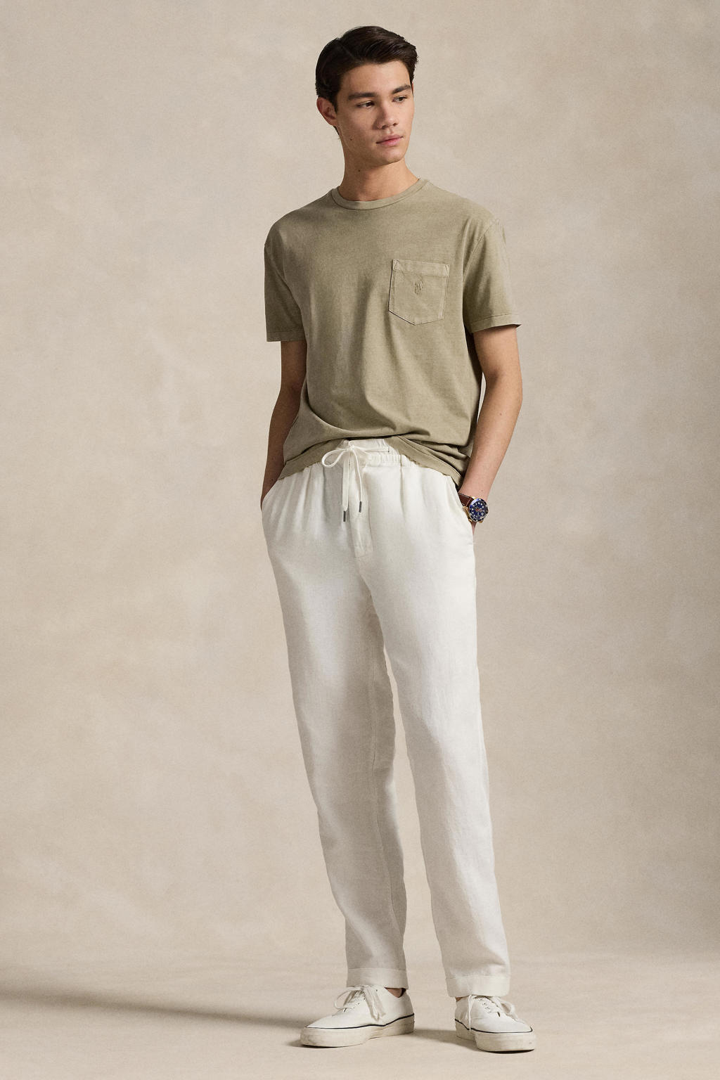 Kakikleurige heren Polo Ralph Lauren slim T-shirt van katoen met effen, korte mouwen en ronde hals