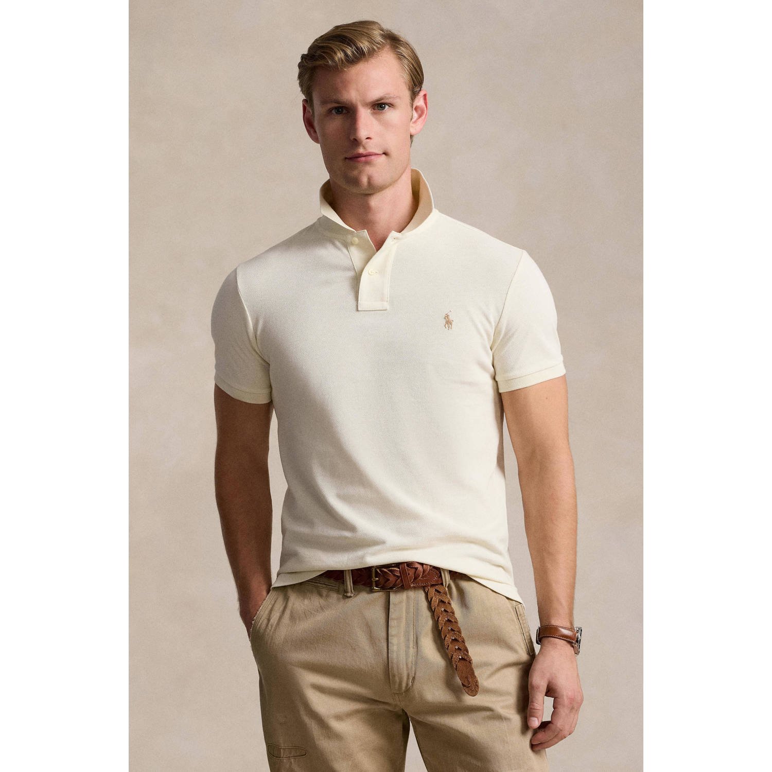 Ralph Lauren Slim Fit Polo Shirt Korte Mouw Ecru Beige Heren