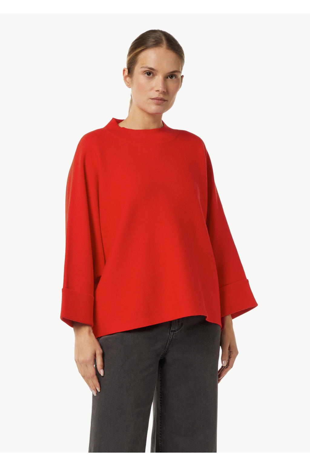 Rode dames comma gebreide poncho van viscose met effen, opstaande kraag en wijde mouwen