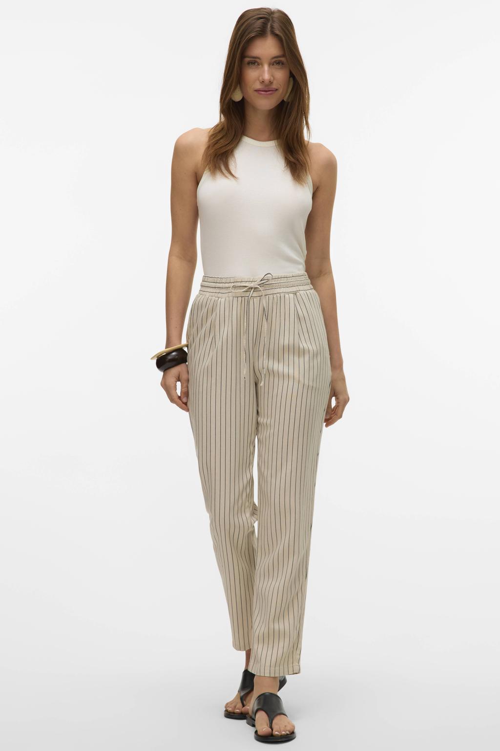 Lichtgrijze dames VERO MODA straight casual broek van viscose met regular waist, elastische tailleband met koord en effen
