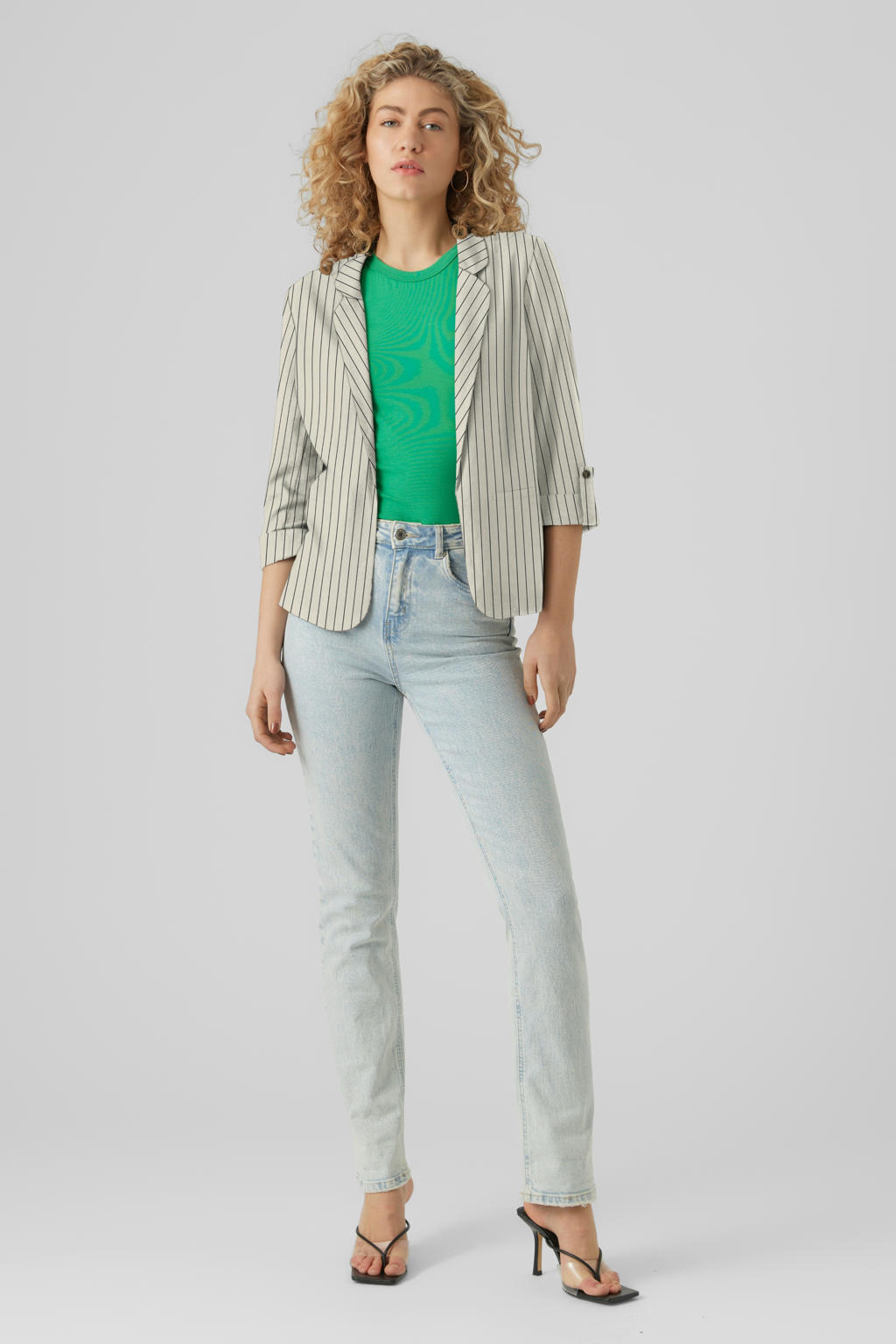 Lichtgrijze dames VERO MODA regular blazer van viscose met strepenprint, lange mouwen, openvallende hals en geweven detail