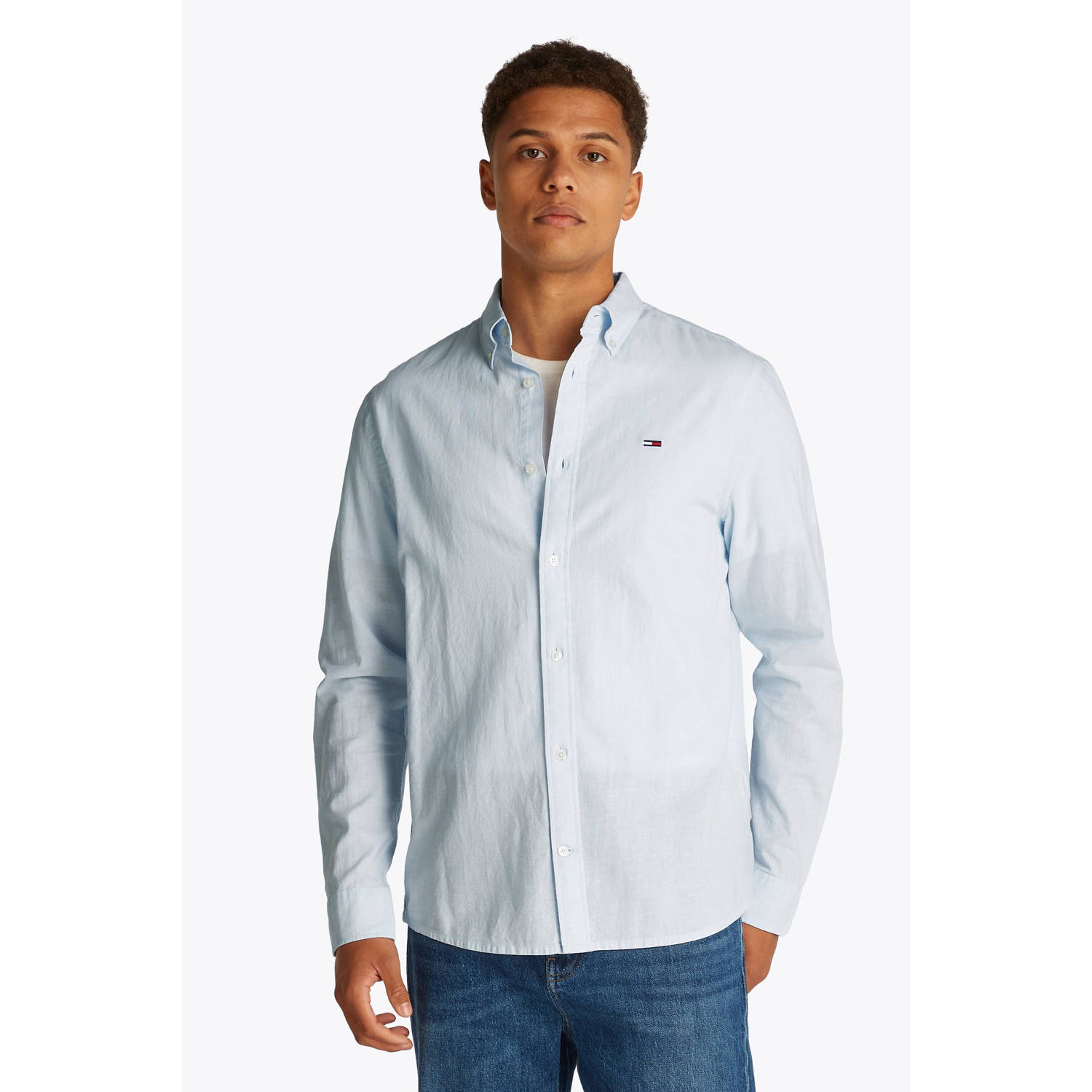 Tommy Jeans linnen casual overhemd lichtblauw