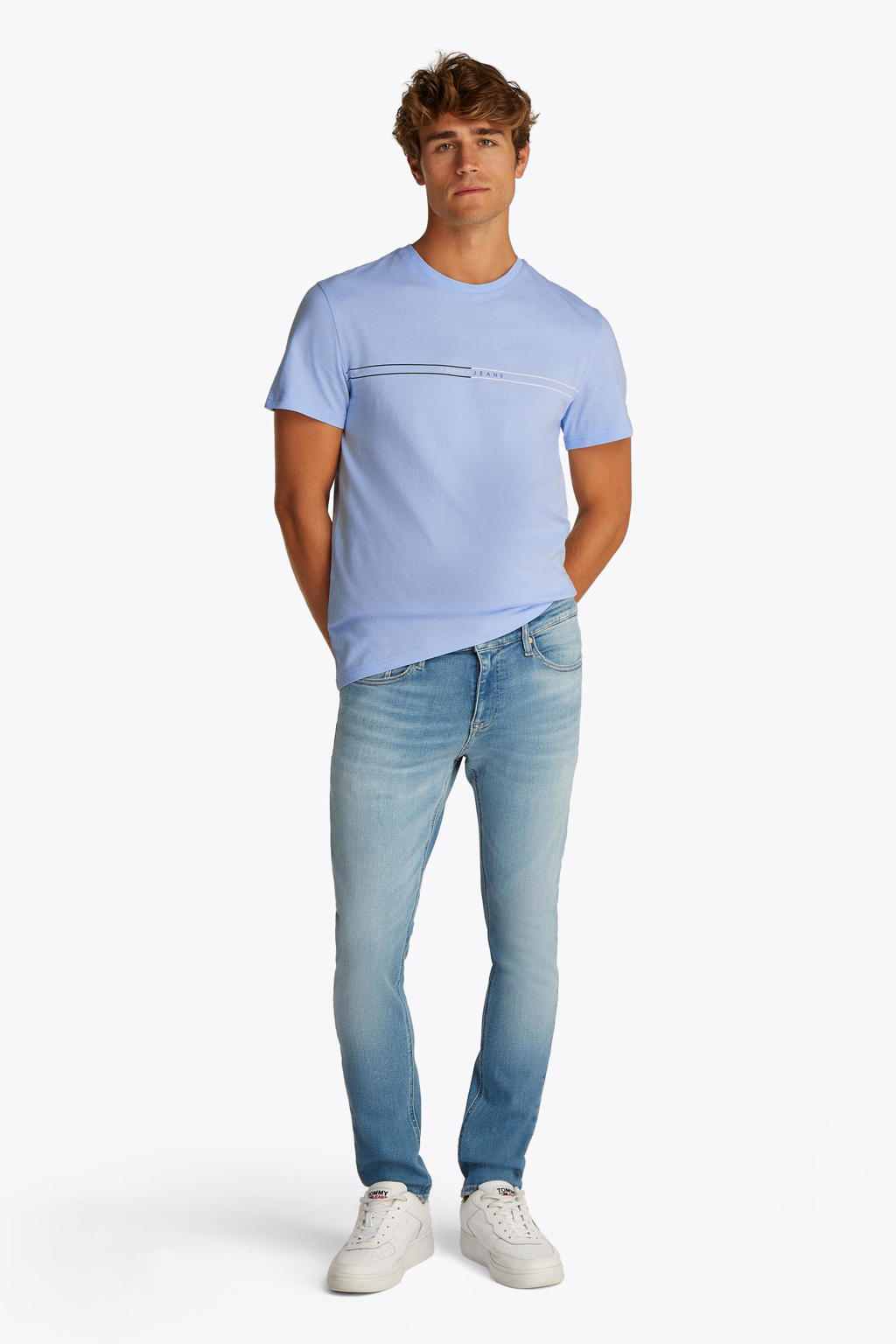 Lichtblauwe heren Tommy Jeans T-shirt van katoen met printopdruk, korte mouwen en ronde hals