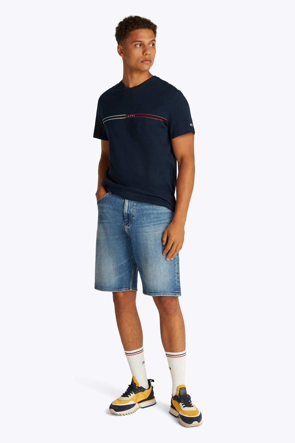 Donkerblauwe heren Tommy Jeans T-shirt van katoen met printopdruk, korte mouwen en ronde hals